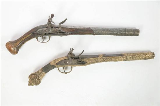 Appraisal: TWO FLINTLOCK PISTOLS Balkans th century Both have octagon to