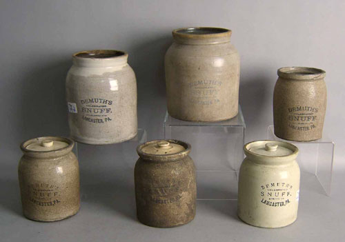 Appraisal: Six stoneware crock signed Demuth's Snuff Lancaster PA