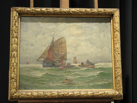 Appraisal: HOUSIN EUROPEAN TH CENTURY BOATS AT SEA Oil on canvas