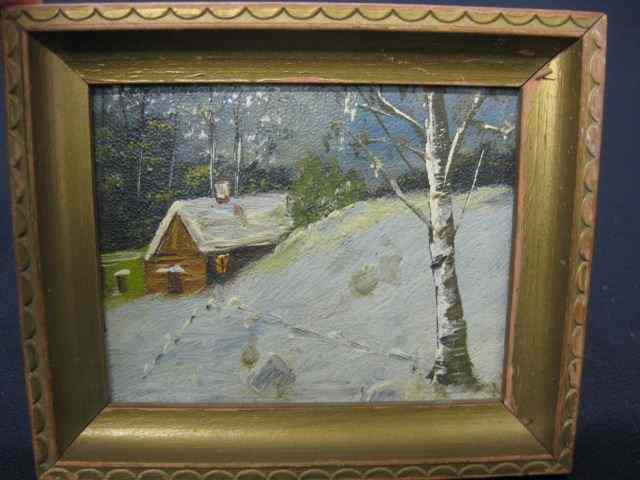 Appraisal: Miniature Oil Painting of a Cabin in winter birch tree