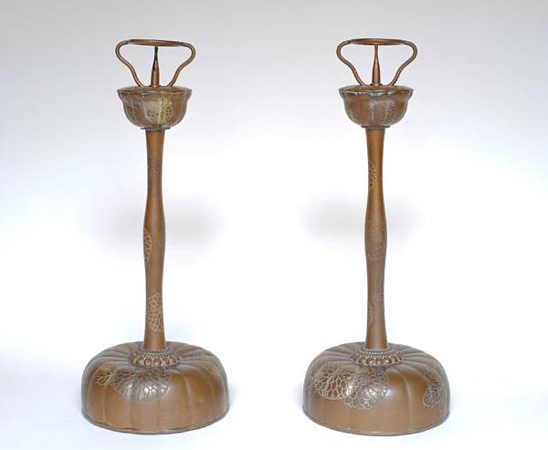 Appraisal: A pair of copper pricket candlestands Meiji Taisho Period Each