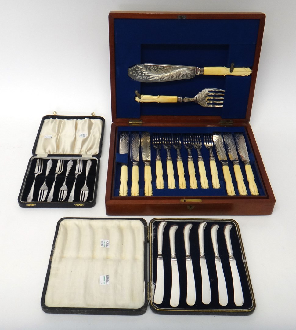 Appraisal: Six pairs of plated fish knives and forks with carved