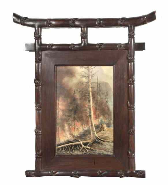 Appraisal: A JAPANESE SILK AND EMBROIDERED STUDY OF BURNING WOODLAND in