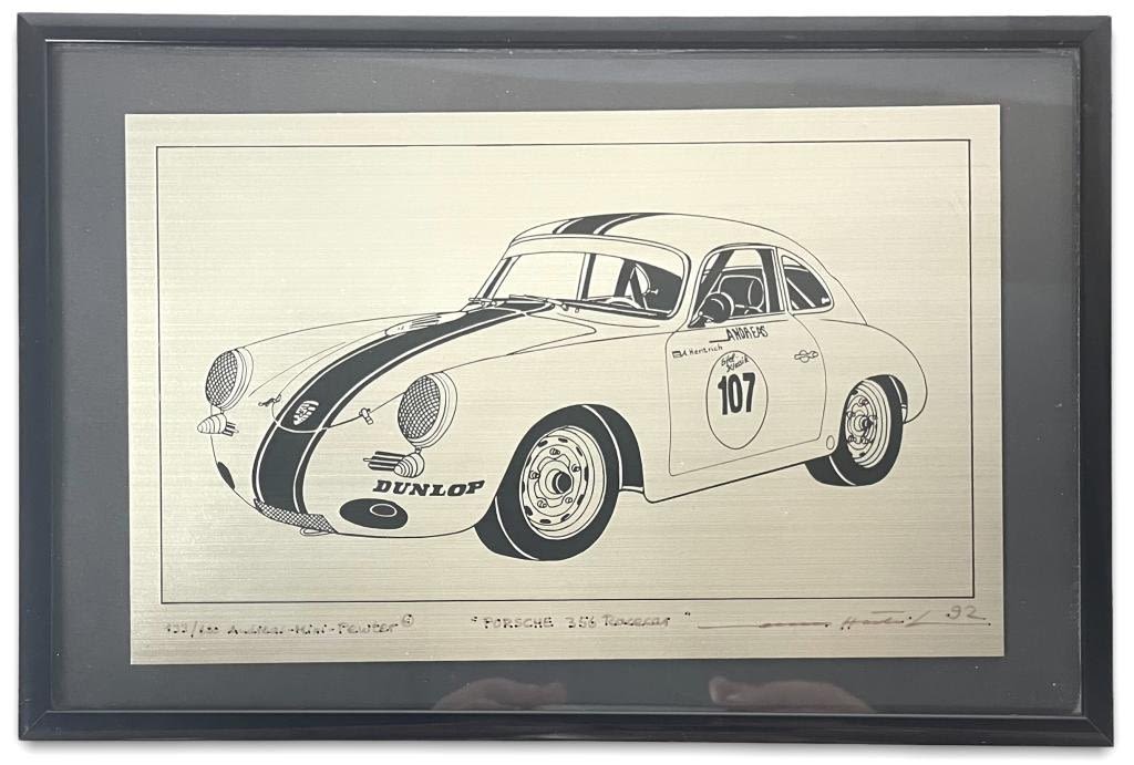 Appraisal: Limited Edition Porsche Etching w MemorabiliaZinngraphiken Von Andreas Hentrich Pewter