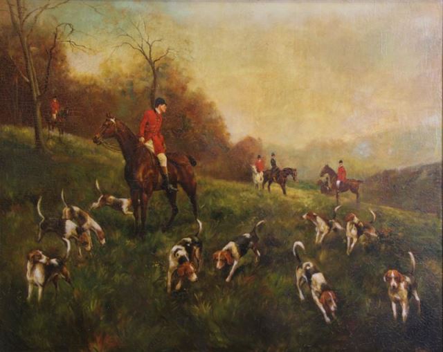 Appraisal: CARRION Large Oil on Canvas Hunting Scene Signed lower left