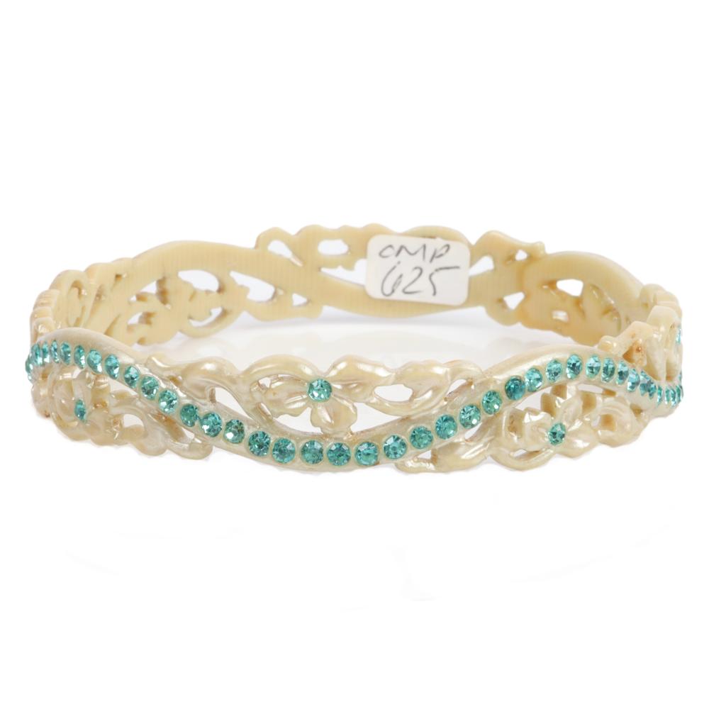 Appraisal: FILIGREED AQUA PEARLIZED CELLULOID BANGLE BRACELET WITH LINES OF AQUA