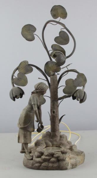 Appraisal: Art Nouveau Figural Flower Lamp This electric tabletop lamp with