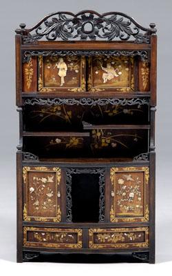 Appraisal: Japanese display cabinet carved floral vine railing two sliding doors