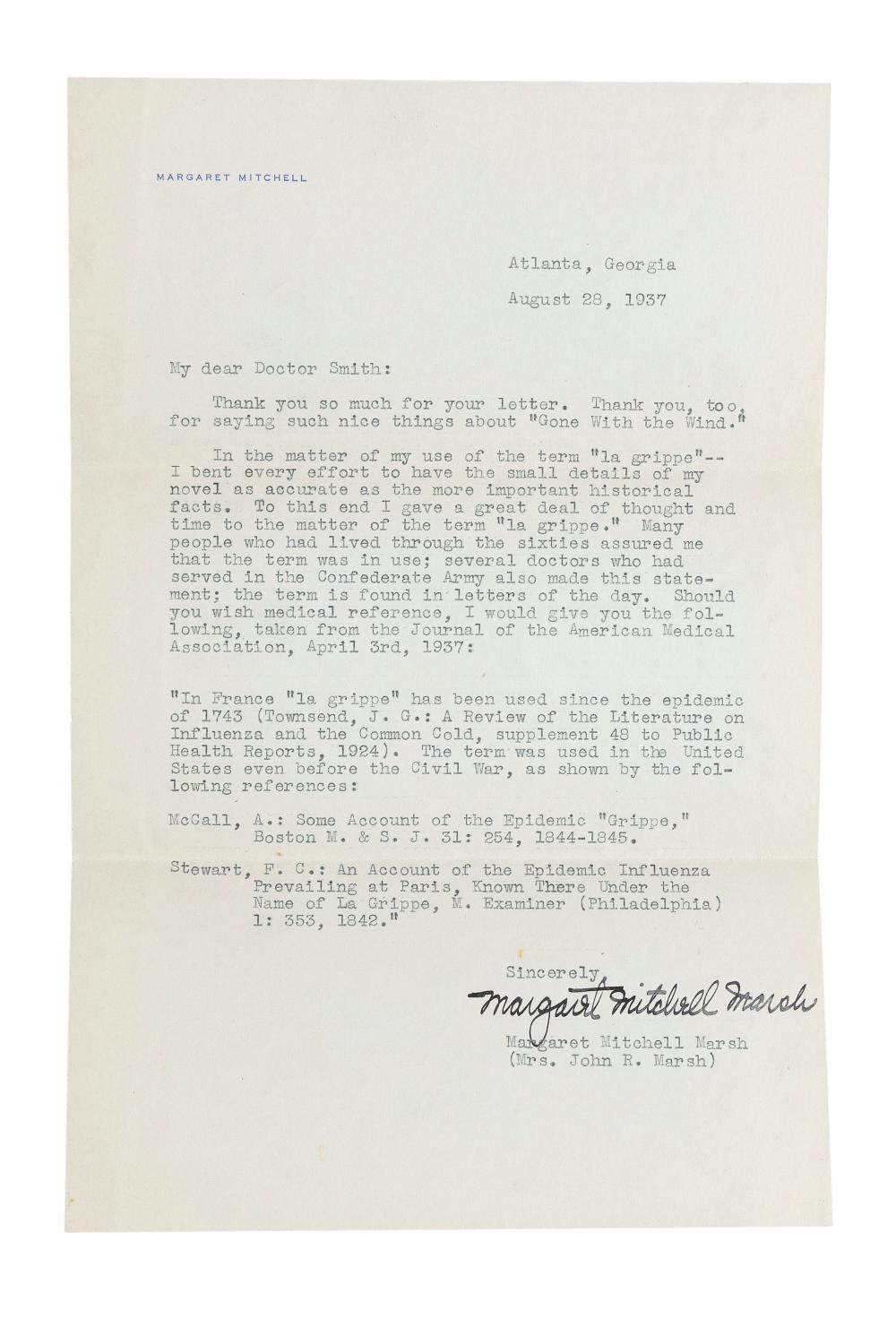 Appraisal: MARGARET MITCHELL SIGNED LETTER TLS DATED LETTER X MARGARET MITCHELL