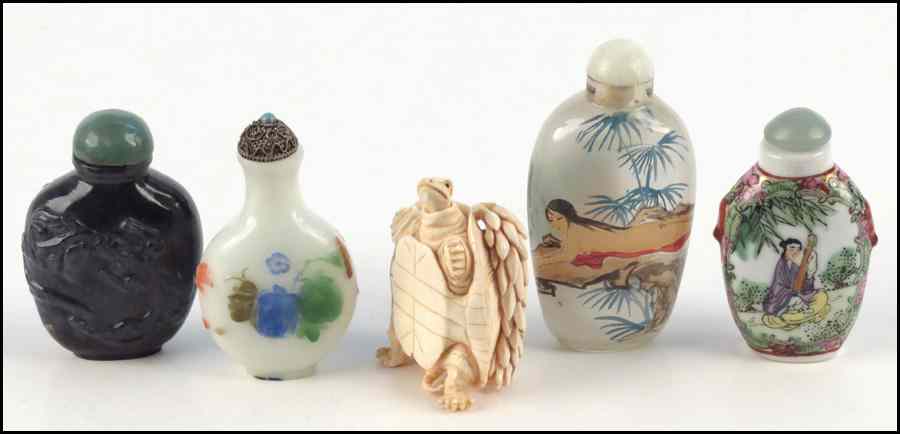 Appraisal: CARVED IVORY SNUFF BOTTLE Together with four snuff bottles Ivory