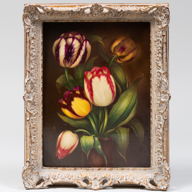 Appraisal: Porcelain Plaque with Tulips Probably English Apparently unmarked x in