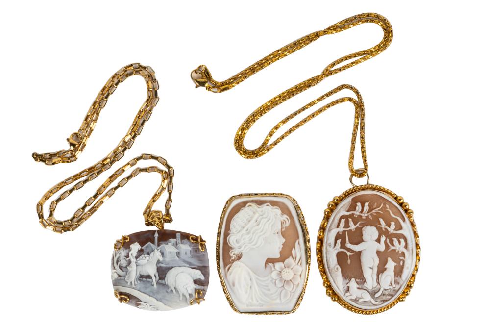 Appraisal: THREE CARVED CAMEOSwith goldplate mounts and chains comprising an oval