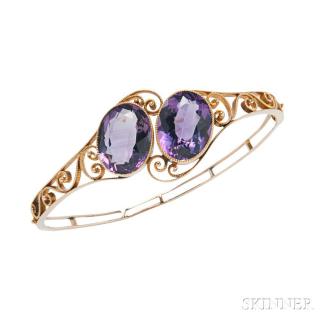 Appraisal: Antique kt Gold and Amethyst Bracelet the bangle bezel-set with