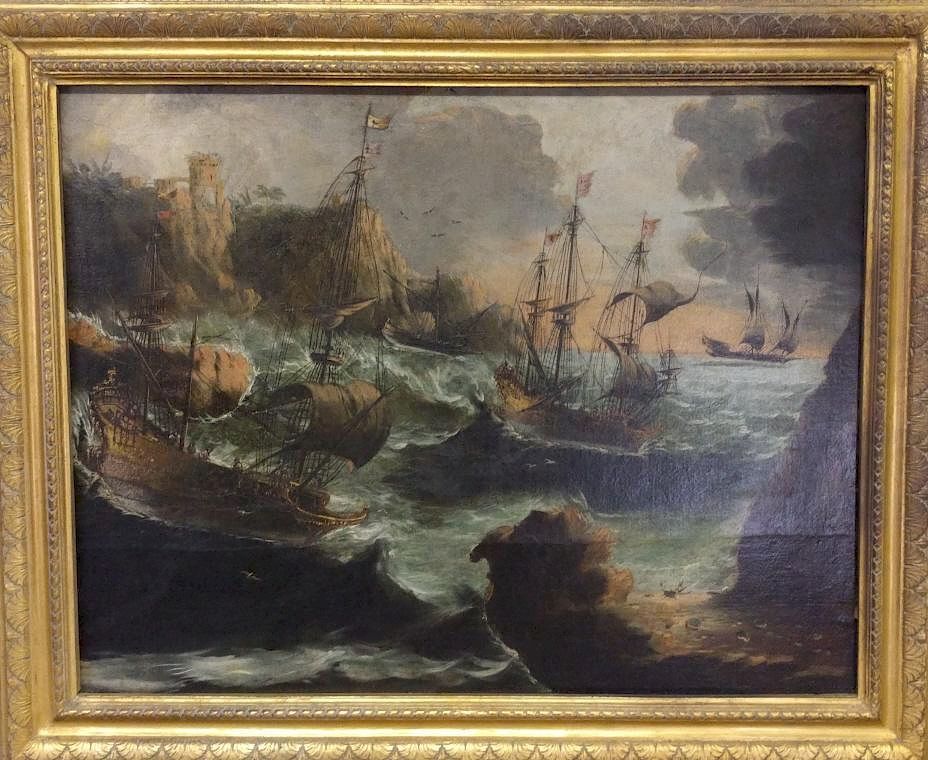 Appraisal: Oil on Canvas of Ships Navigating Rocky Shore Large oil