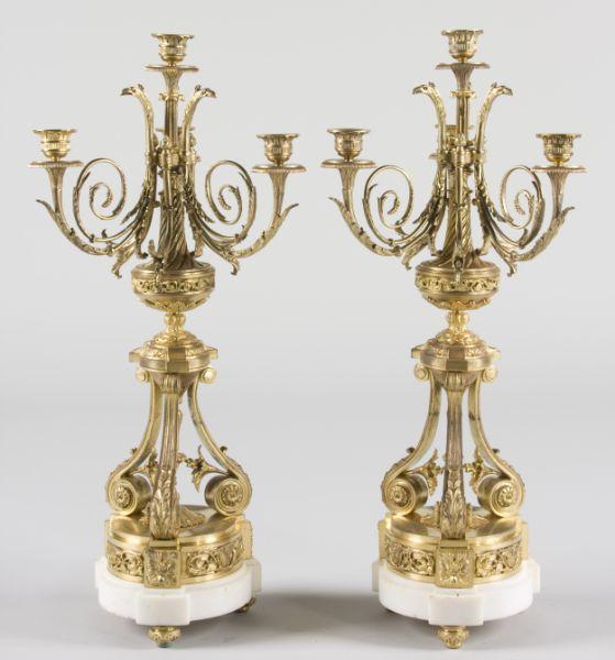 Appraisal: Pair of Gilt Bronze Alabaster Candelabra Louis XVI style four