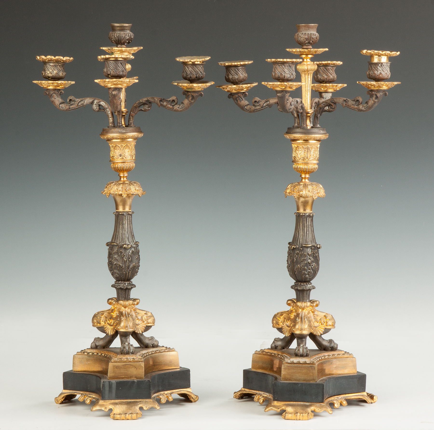 Appraisal: French Patinaed Metal Marble Candelabras th cent