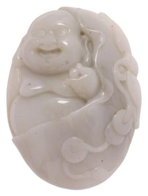 Appraisal: Chinese pale celadon jade handling piece Happy Buddha small pierced