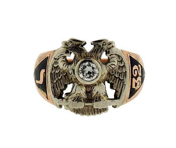 Appraisal: Masonic nd Degree k Gold Diamond Enamel Double Eagle Ring