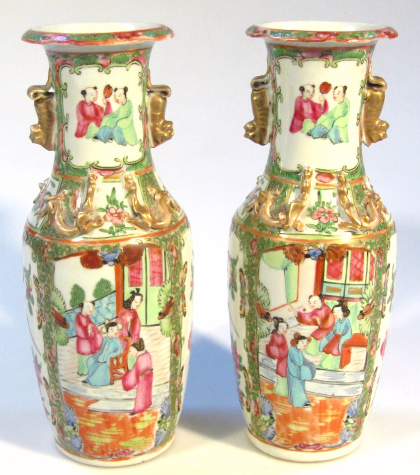 Appraisal: A pair of thC Cantonese famille vert vases each shouldered