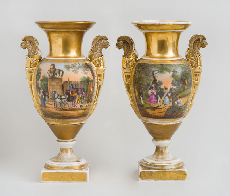 Appraisal: PAIR OF PARIS PORCELAIN PAINTED AND PARCEL-GILT SCENIC URNS Each