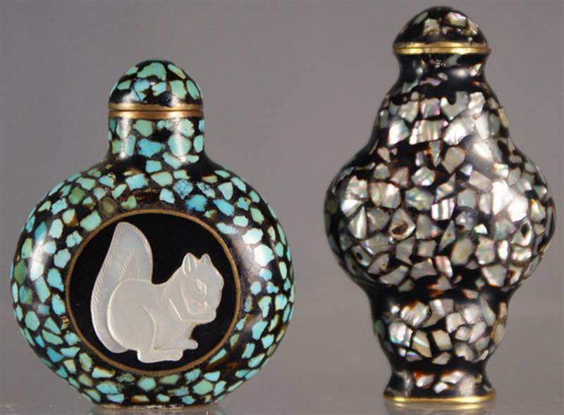 Appraisal: MOP turquoise inlaid black lacquer snuff bottles with applied squirrel