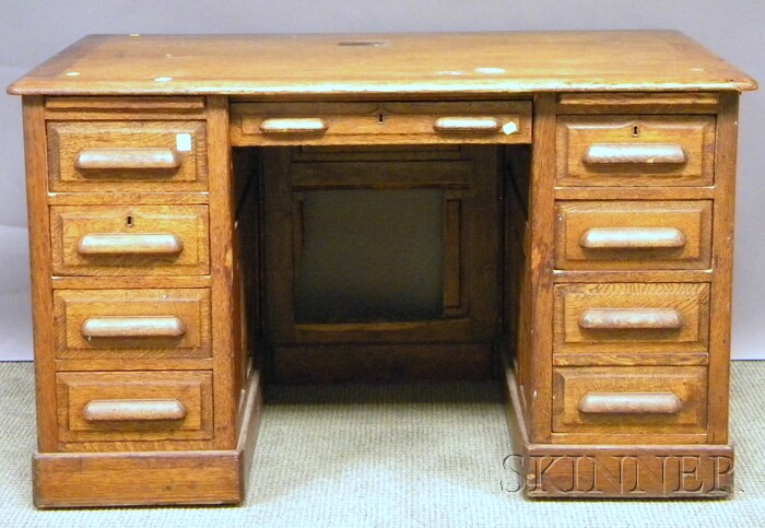 Appraisal: Early th Century Oak Flat-top Double-pedestal Desk lg wd in