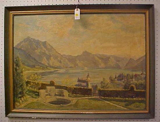 Appraisal: Furst Continental oil on board masonite early th C lake