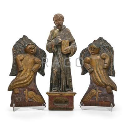 Appraisal: EUROPEAN WOOD CARVINGS Three th th c Santo figure and