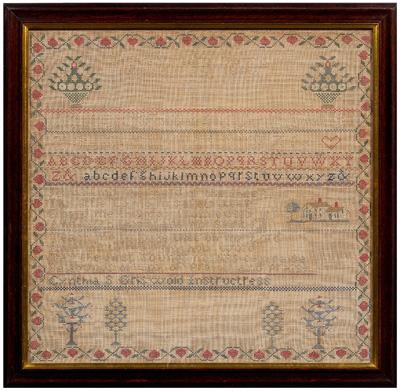 Appraisal: Connecticut sampler -line alphabet and verse sampler with white house