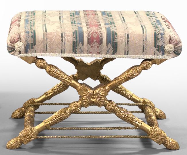 Appraisal: Empire-Style Giltwood Stool th century the padded rectangular top above