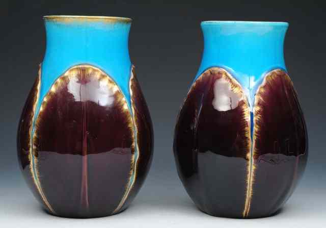 Appraisal: A PAIR OF FRENCH SARREGUEMINES BLUE GROUND MAJOLICA VASES with