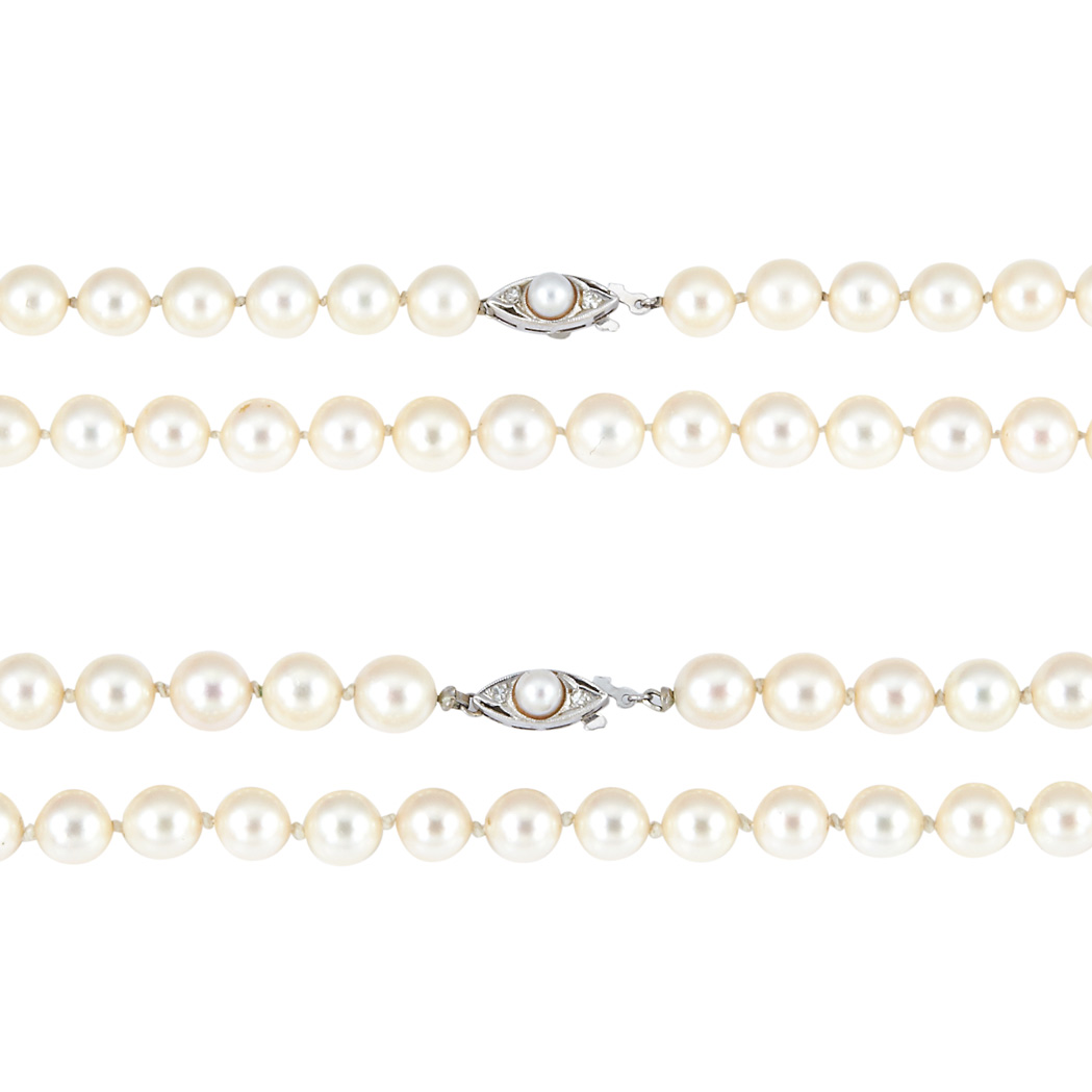 Appraisal: Two Cultured Pearl Necklaces with White Gold Diamond and Pearl