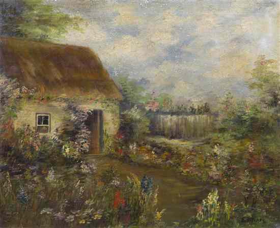 Appraisal: Artist Unknown th century Cottage Gardens oil on canvas signed