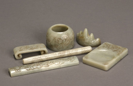 Appraisal: Chinese Pale Celadon Jade 'Dragon' Six-Piece Scholar's Set th Century