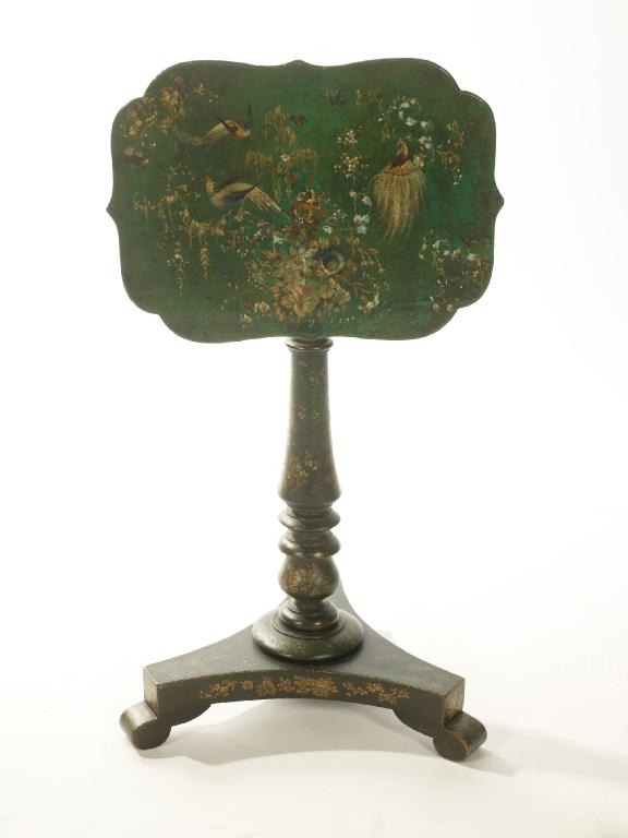 Appraisal: th CENTURY GREEN LACQUER POLESCREEN TABLE the shaped rectangular top