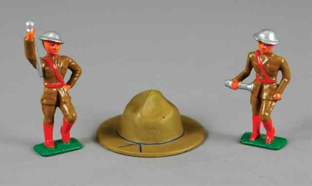 Appraisal: BOY SCOUT HAT PAPERWEIGHT AND TOY SOLDIERS Cast iron hat