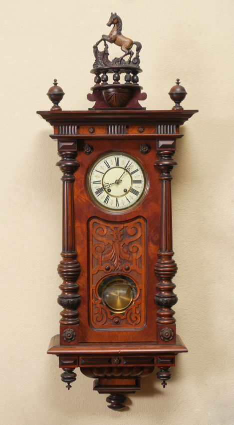 Appraisal: SCHNEKENBURGER GERMAN WALL CLOCK WITH HORSE FINIAL German walnut case