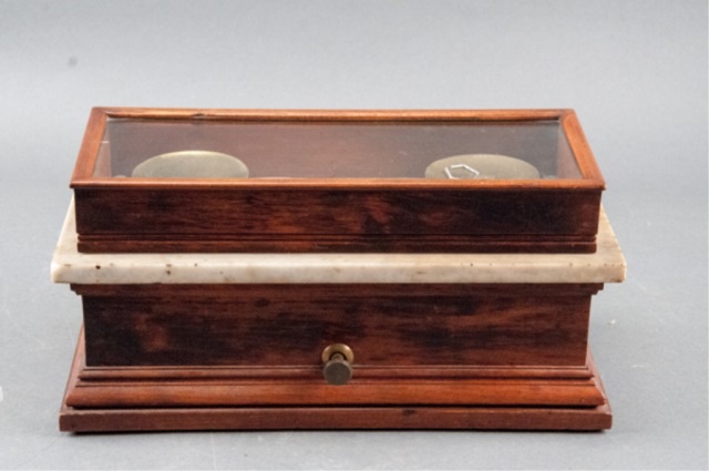 Appraisal: Wood and Marble Scale w Cased Top Assorted weights on