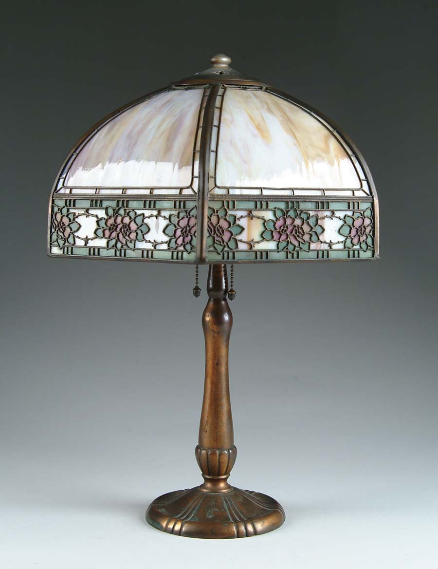 Appraisal: HANDEL METAL OVERLAY LAMP Wonderful Handel lamp has six bent