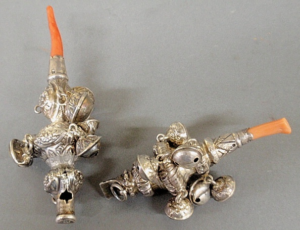 Appraisal: - Two silver baby rattles whistles c probably English each