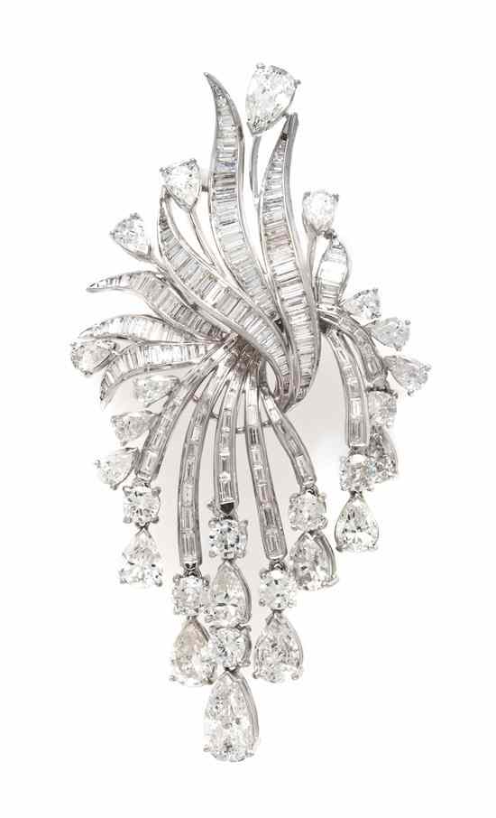 Appraisal: A Platinum and Diamond Spray Brooch containing pear shape diamonds