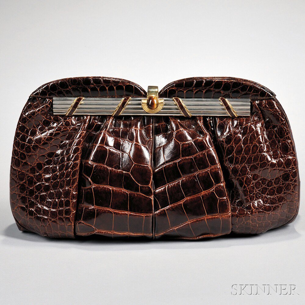 Appraisal: Judith Leiber Brown Faux Alligator Clutch with mixed-metal hardware long