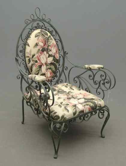 Appraisal: Decorative iron upholstered chair in green paint '' Overall Ht