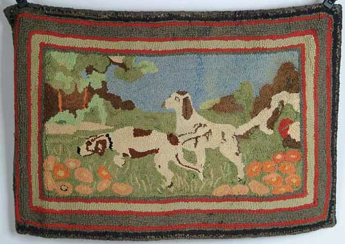 Appraisal: SMALL RECTANGULAR HOOKED RUG WITH BIRD DOGS Two bird dogs