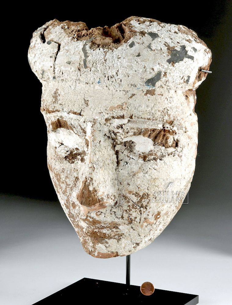 Appraisal: Egyptian Wood Sarcophagus Mask Gesso Surface Originally Listed At Egypt