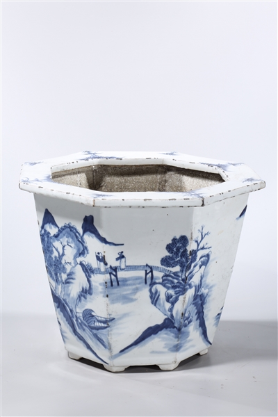 Appraisal: Chinese blue and white porcelain octagonal jardiniere with landscapes motif