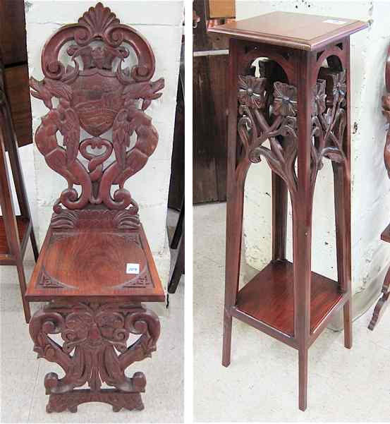 Appraisal: A CARVED MAHOGANY HALL CHAIR AND PLANT STAND the chair's