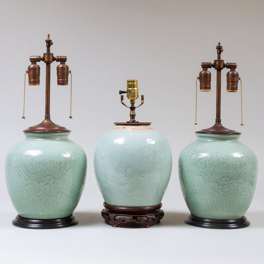 Appraisal: Pair of Chinese Celadon Vases and a Ginger Jar Mounted