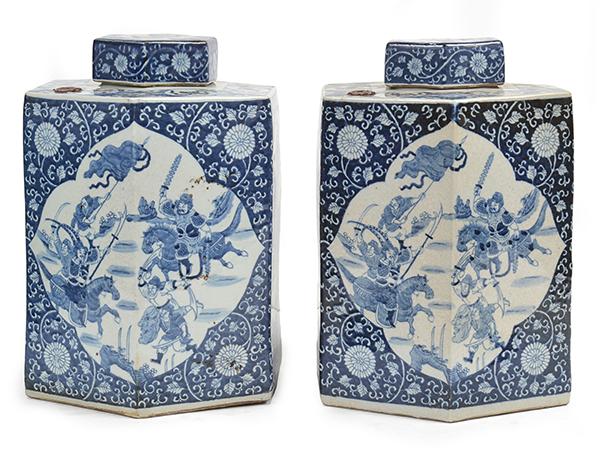 Appraisal: TWO CHINESE HEXAGONAL BLUE AND WHITE GLAZED LIDDED JARS painted