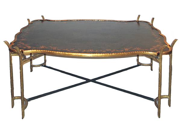 Appraisal: A gilt iron and decorated ebonized wood occasional table th